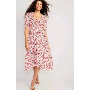 Old Navy Crepe Midi Dress sz XL White Multi Floral Puff Sleeve High Low Hem